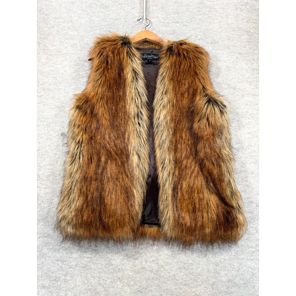 Donna Salyers Fabulous Furs Faux-Fur Vest Womens Large Brown Tan Open Front